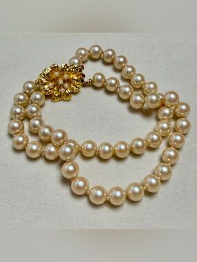 Glass Pearl Bracelet, Double Strand Hand Knotted, GP Box Clasp Vintage Japan